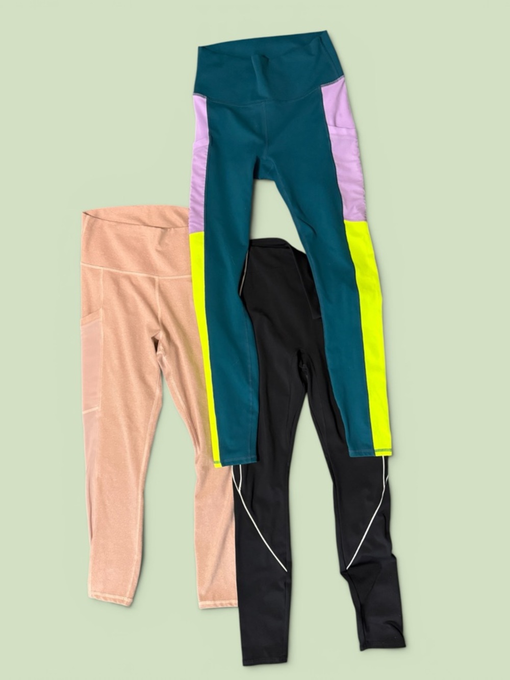 Fabletics Women’sLeggings Trio-Teal, Lime, Lavender, Black and dusty pink